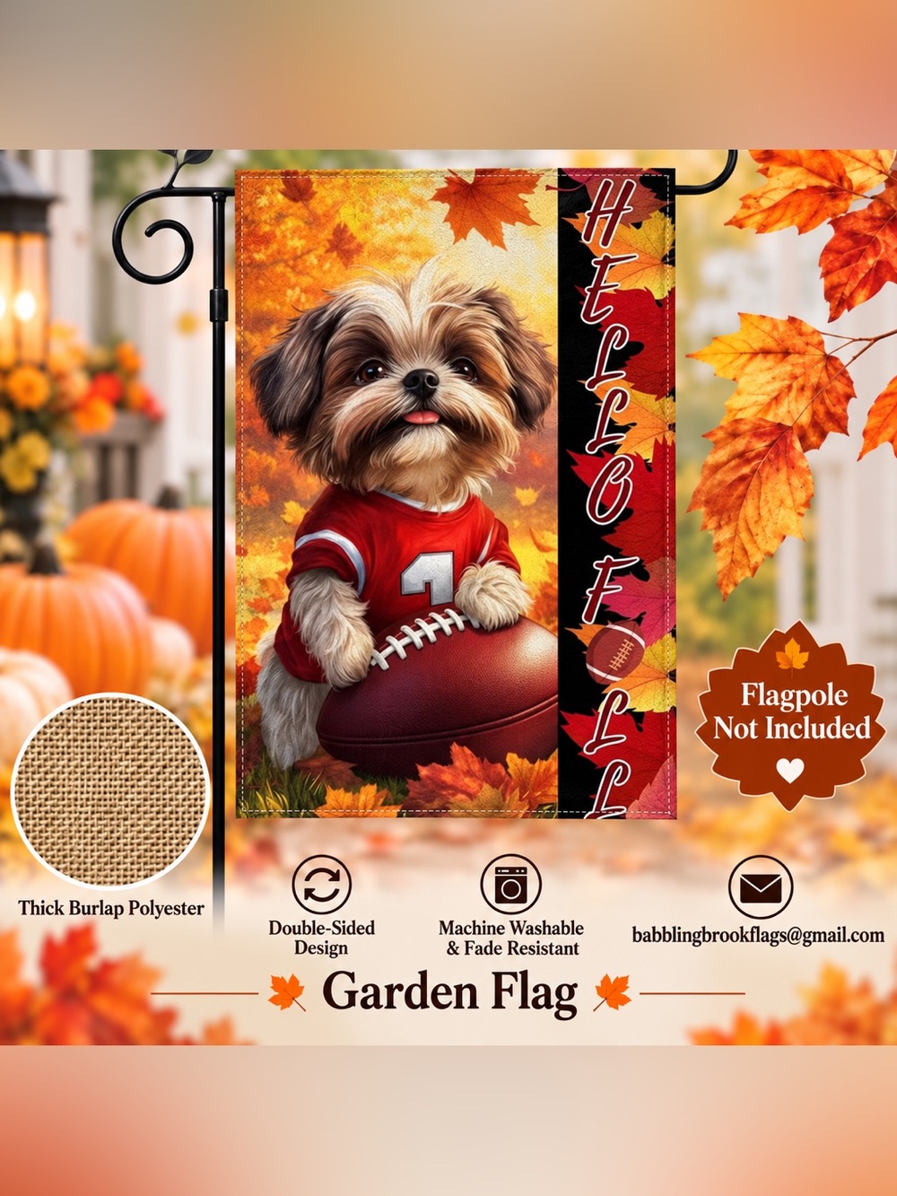 Garden Flag, Autumn Shih Tzu Fall Football, burlap polyester, double-sided, 12”